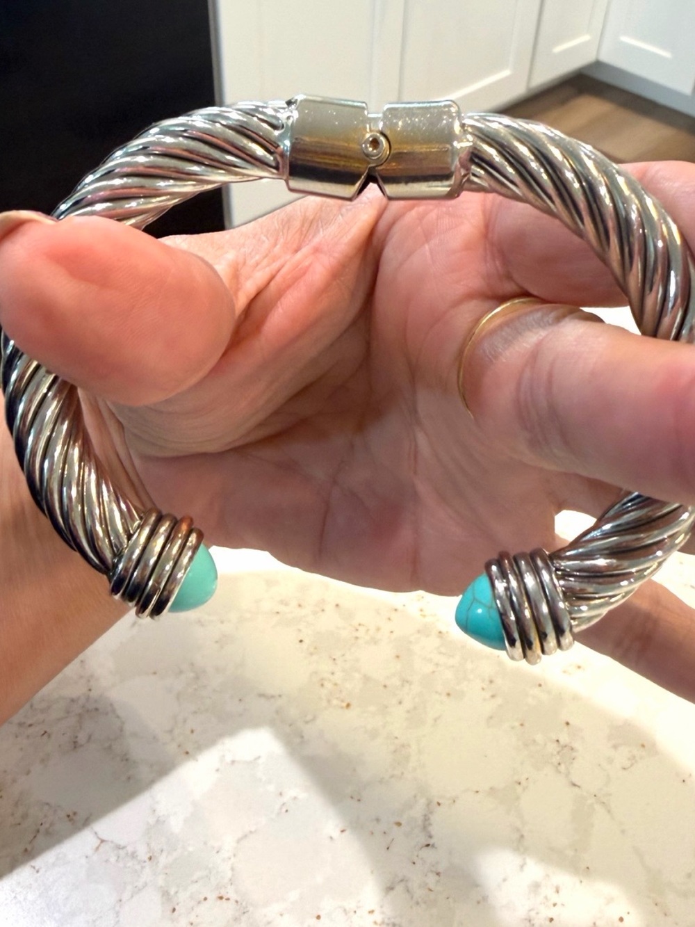 Chunky Silver-Tone Twisted Cable Hinged Cuff Bracelet with Faux-Turquoise Stones - Picture 4 of 7